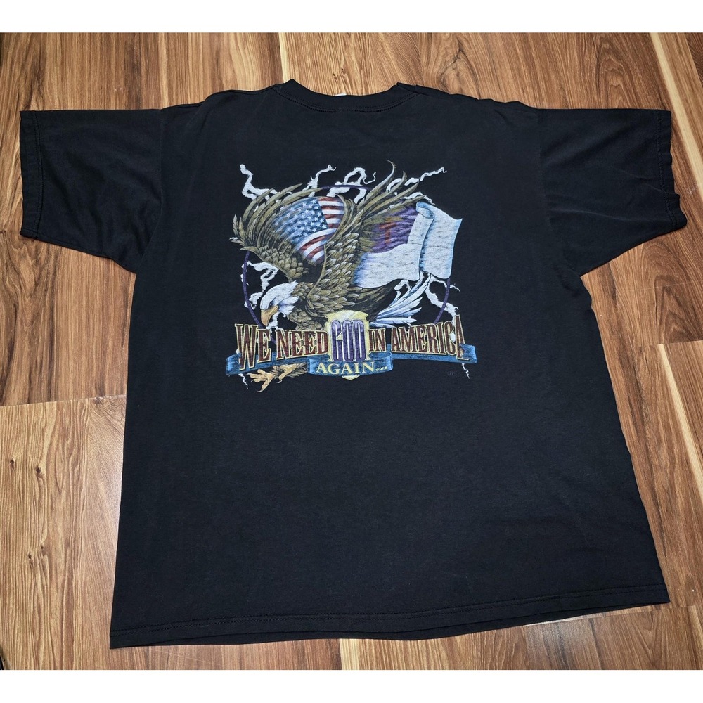 Vintage We Need God In America Shirt Mens XL Black Fruit Of The Loom Eagle 90s